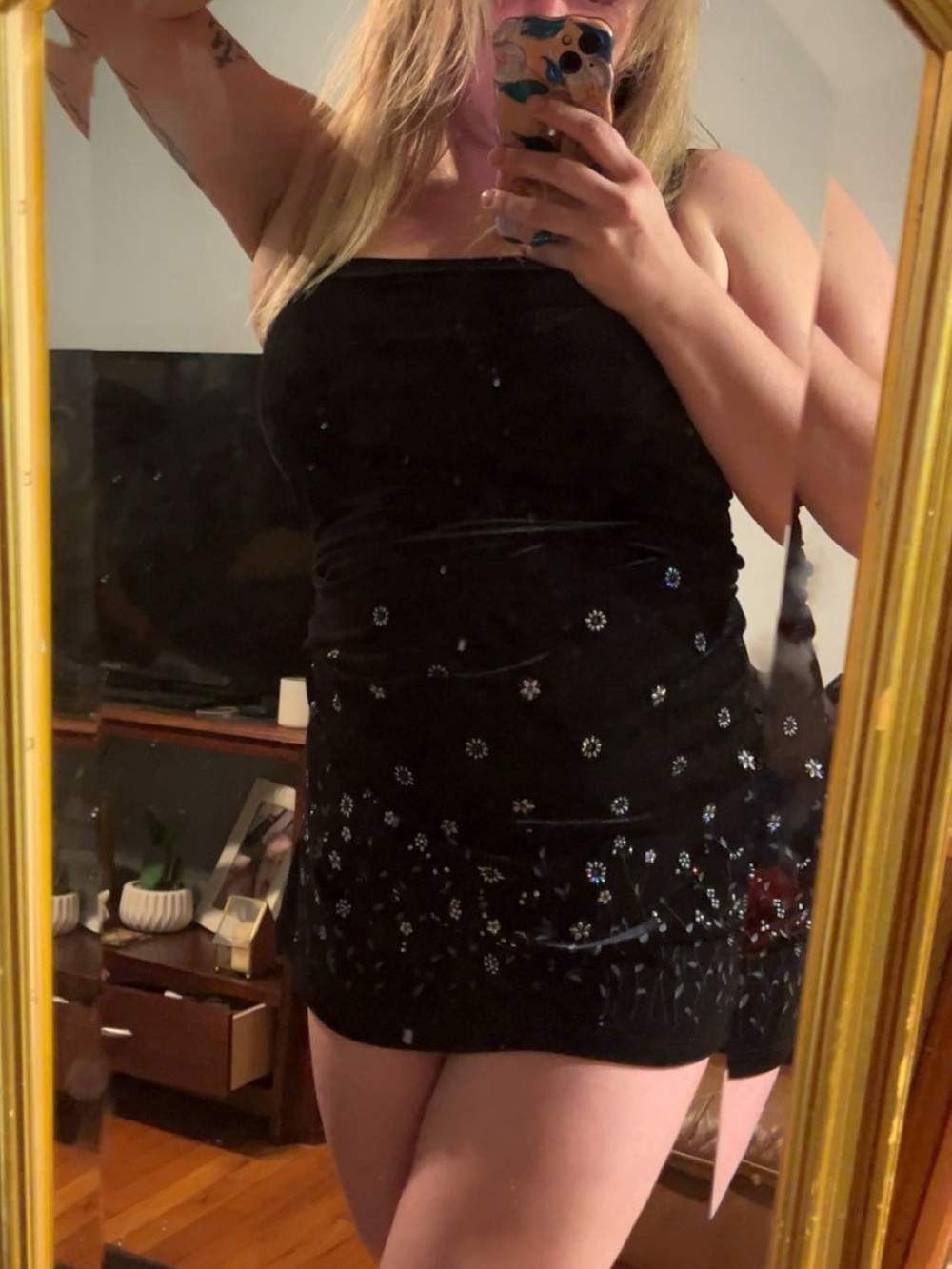 Vintage Rave City Black Velvet Floral Rhinestone mini Slip Dress Y2K 90s